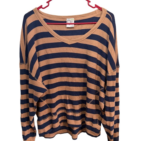 aerie Tops - OFFLINE by Aerie Waffle Knit Striped V-Neck Top Medium Tan Navy